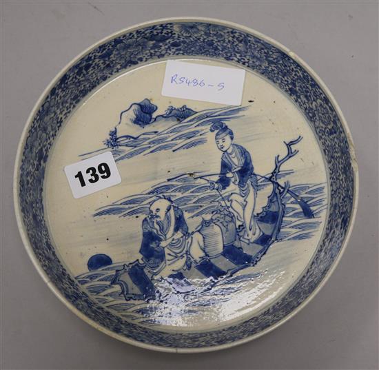 A Chinese blue and white soft paste porcelain dish, late 19th century D.20.5